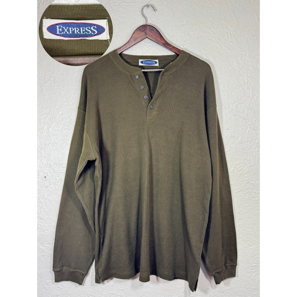 Vtg 90s Express Henley Pullover Mens Large 100% Cotton Heritage Americana Olive‎